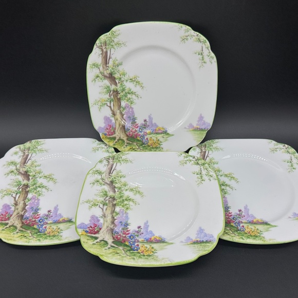 Royal Albert Greenwood Tree 6" Square Dessert Plates(4) Green Trim - Picture 1 of 5